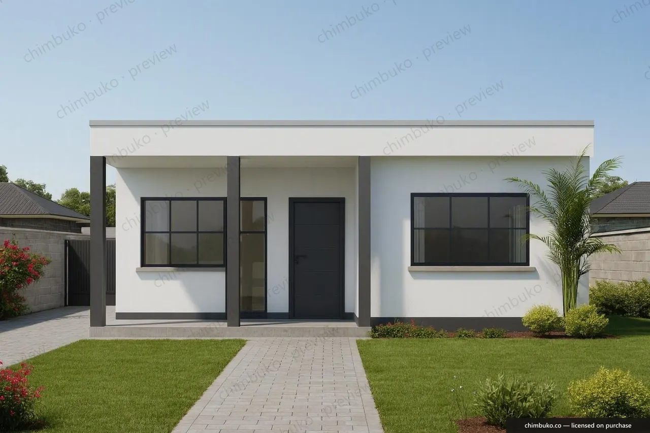 Front view of the 2-bedroom flat-roof bungalow