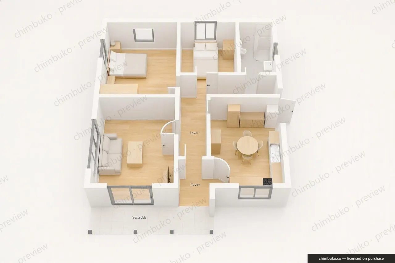 3D cutaway floor plan of the 2-bedroom flat-roof bungalow