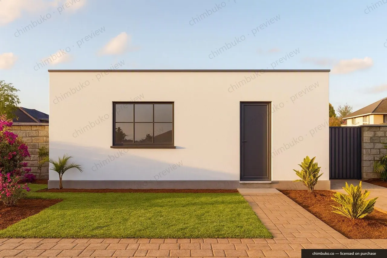 Rear view of the 2-bedroom flat-roof bungalow