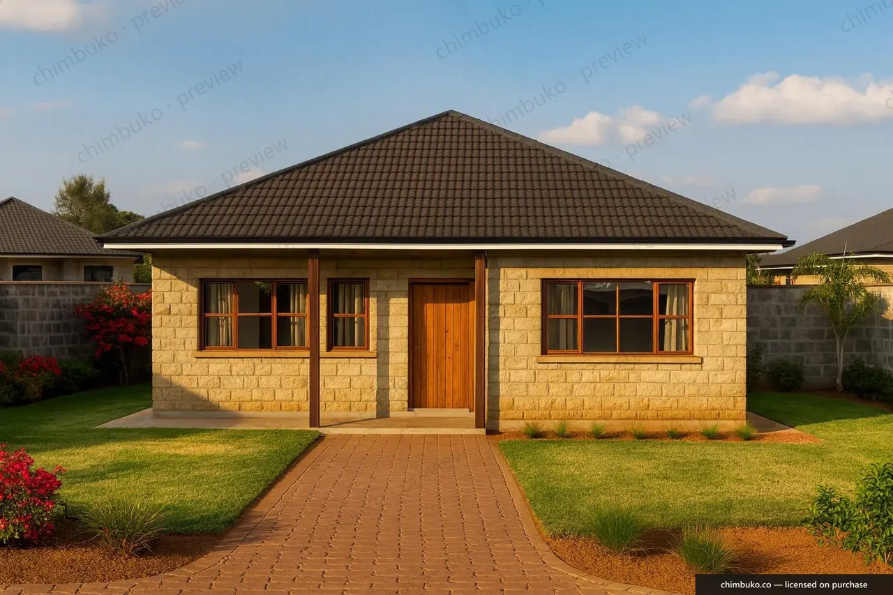 Front view of the 2-bedroom hip-roof starter bungalow