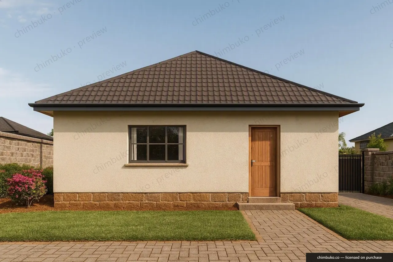 Rear view of the 2-bedroom hip-roof starter bungalow