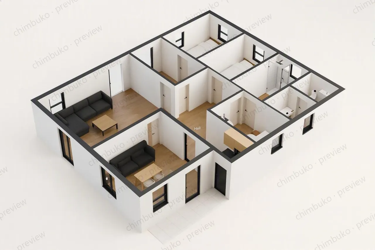 3D cutaway floor plan of the compact 3-bedroom bungalow