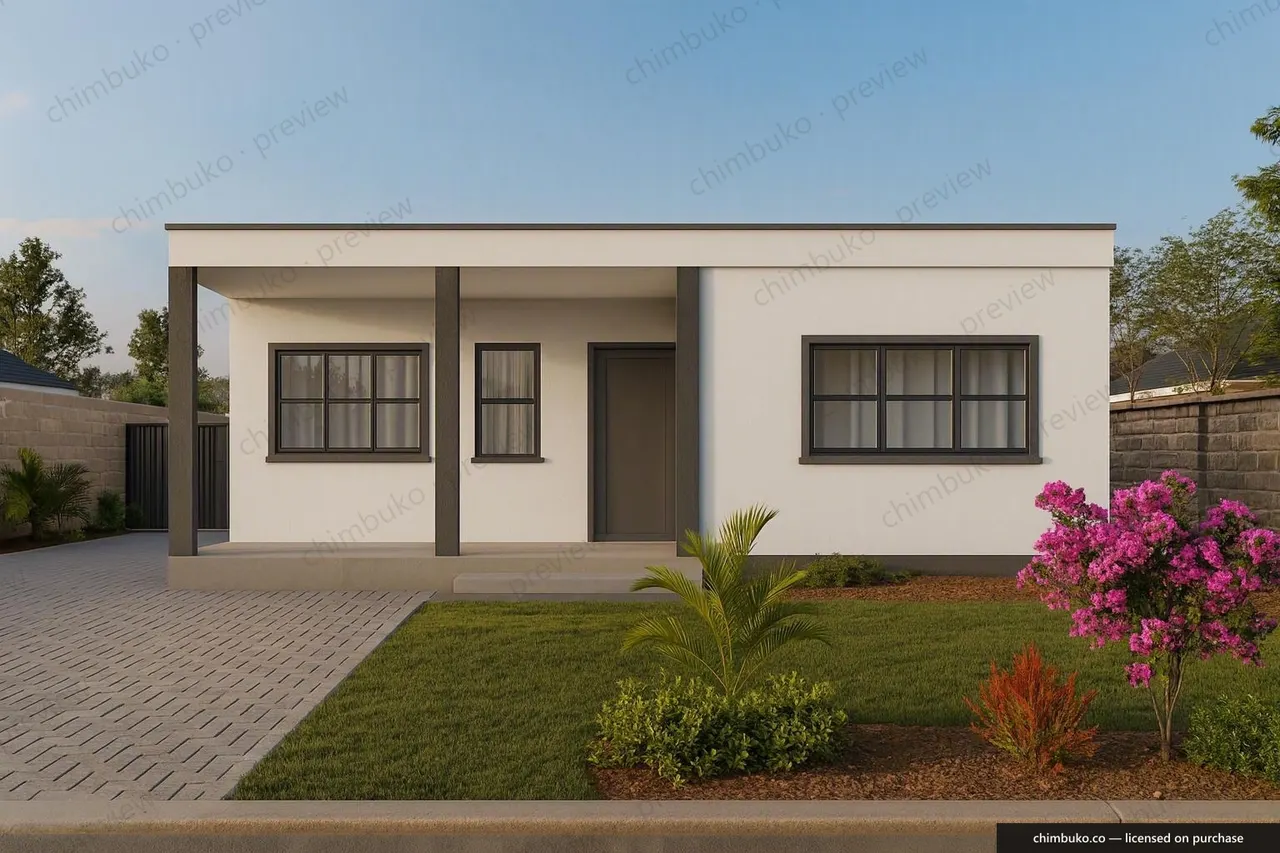 Front view of the 3-bedroom flat-roof bungalow