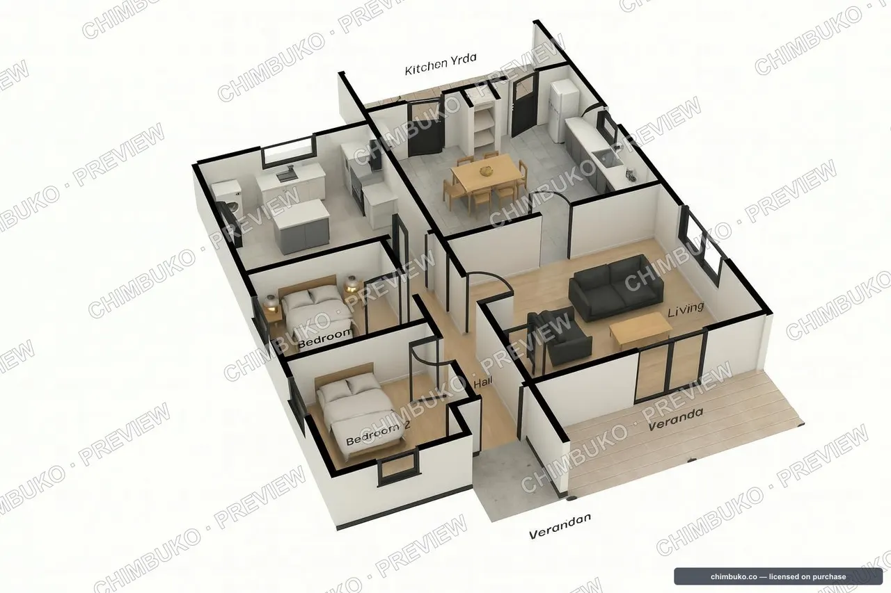 3D cutaway of the bungalow showing 11 rooms