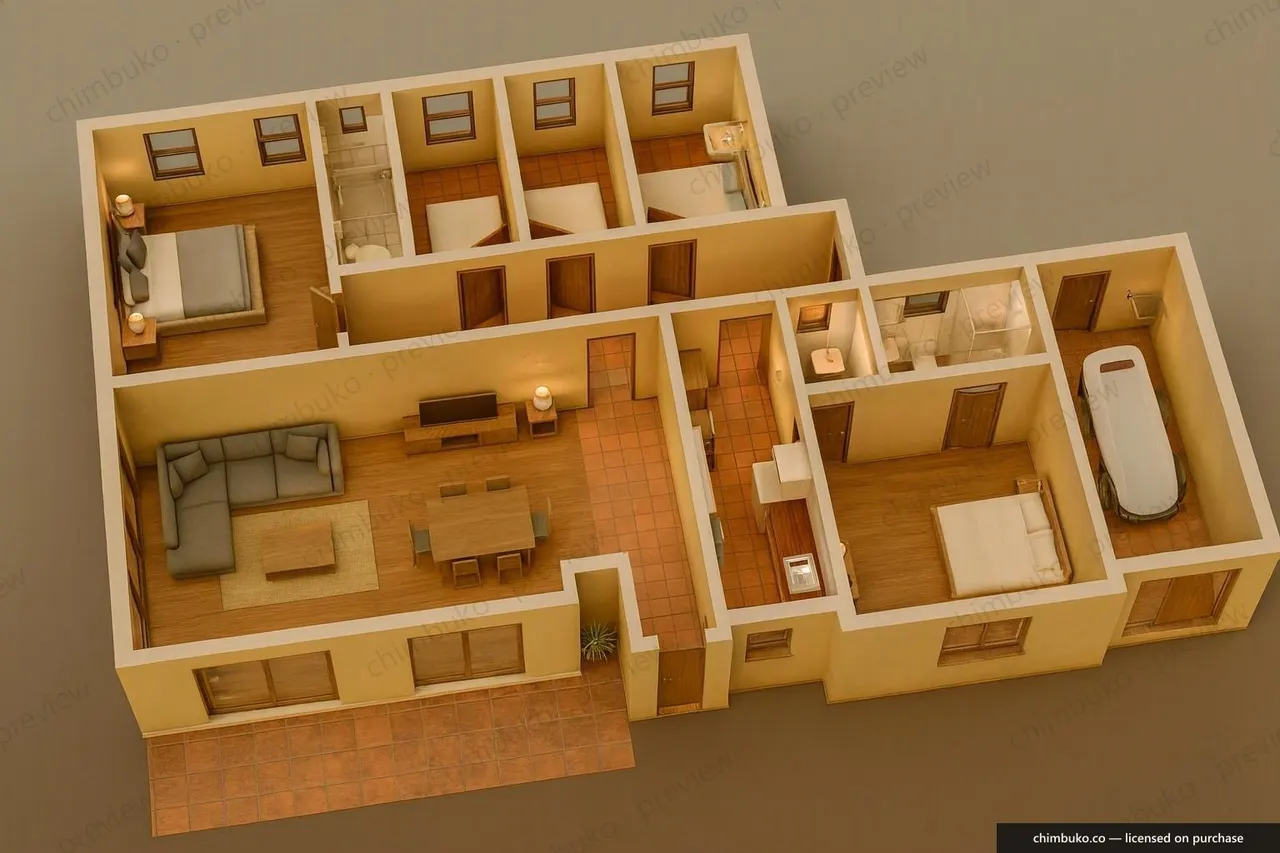 3D cutaway floor plan of the 4-bedroom executive bungalow