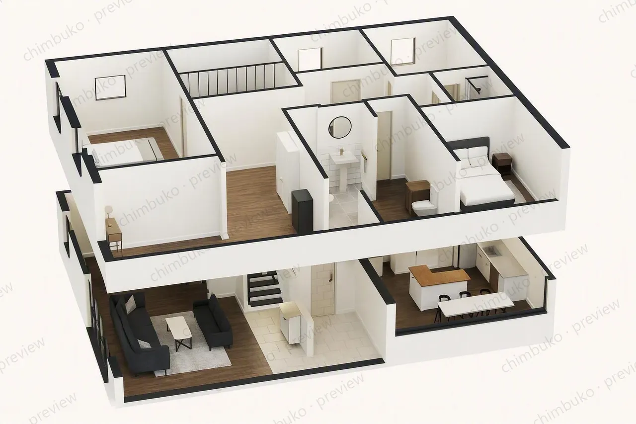 3D cutaway floor plan of the 4-bedroom maisonette with garage