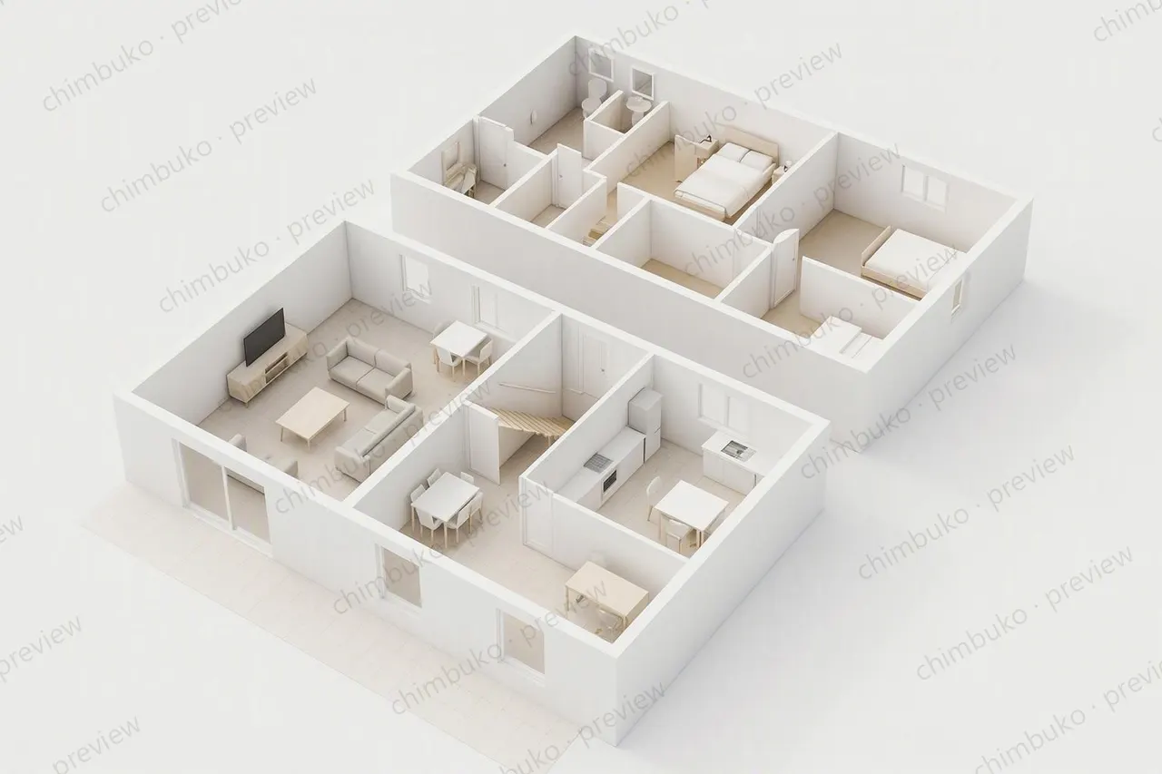 3D cutaway floor plan of the 4-bedroom maisonette with study