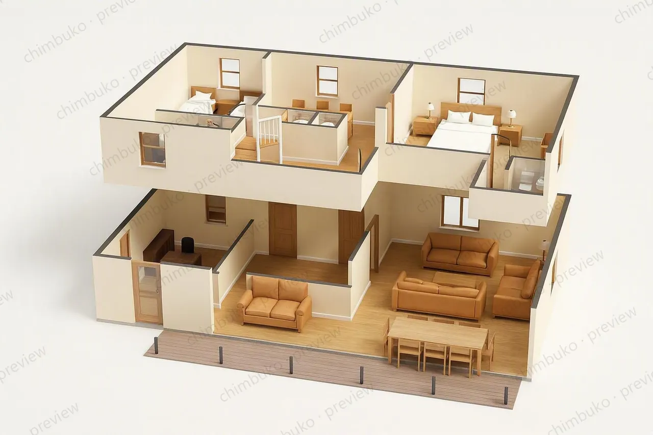 3D cutaway floor plan of the 5-bedroom hip-roof maisonette